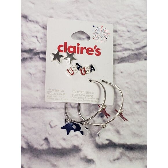 NEW Claire's 3 Pair Patriotic 4th July Pierced Earrings Stars USA - Picture 1 of 2